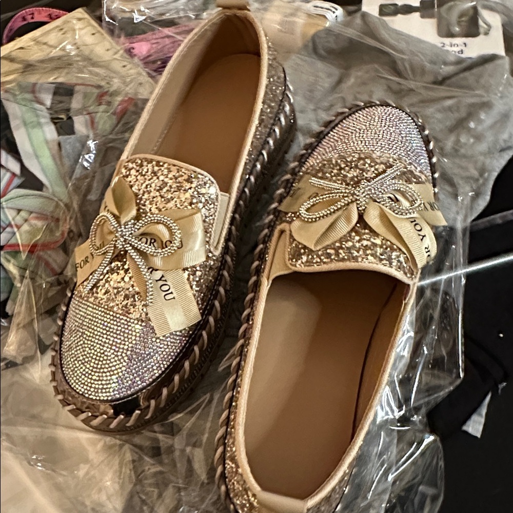Glittering Rhinestone and Gold Loafers - Picture 2 of 5
